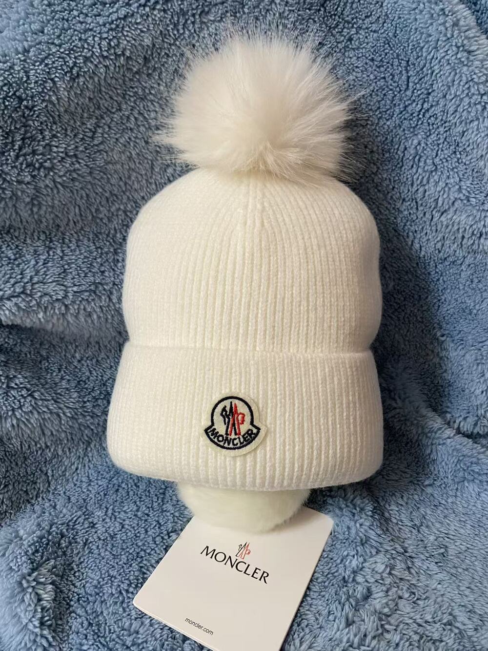 Moncler White Ribbed Knit Pom Pom Beanie Hat
